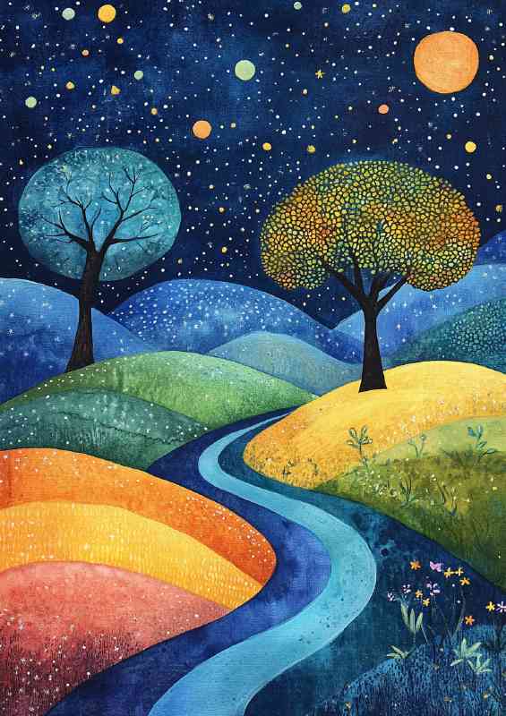 Landscape painting with trees and hills at night