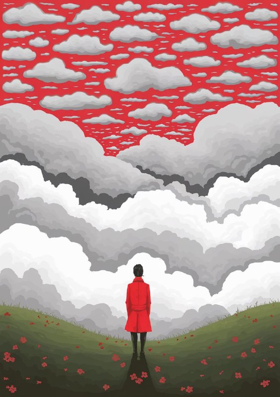 Landscape with a vivid red sky filled with clouds