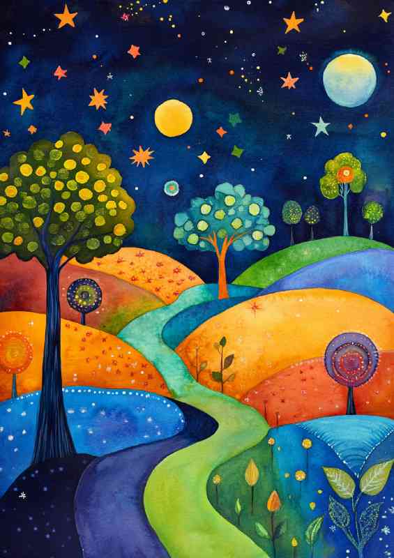 Whimsical landscape painting with trees and hills at night