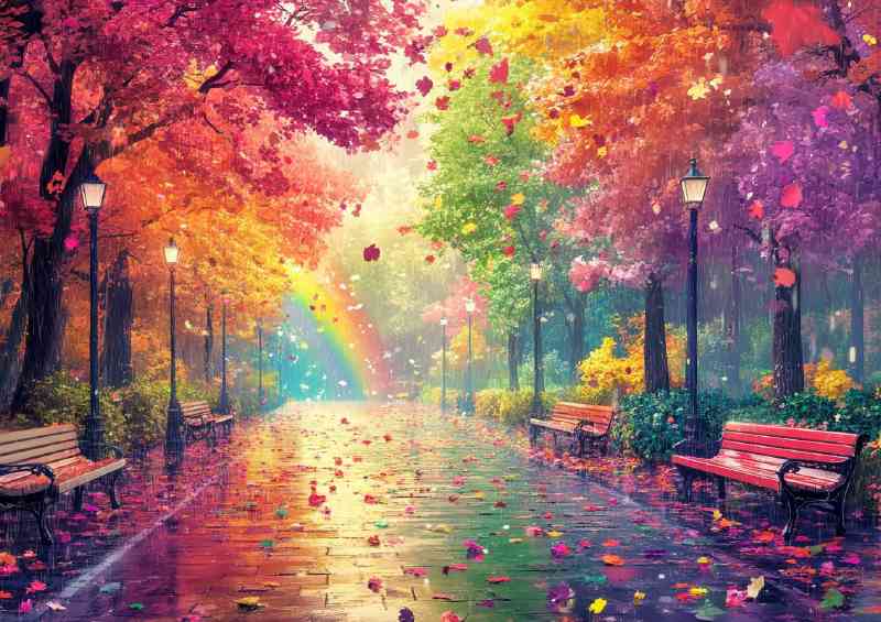 Colorful street with trees and leaves