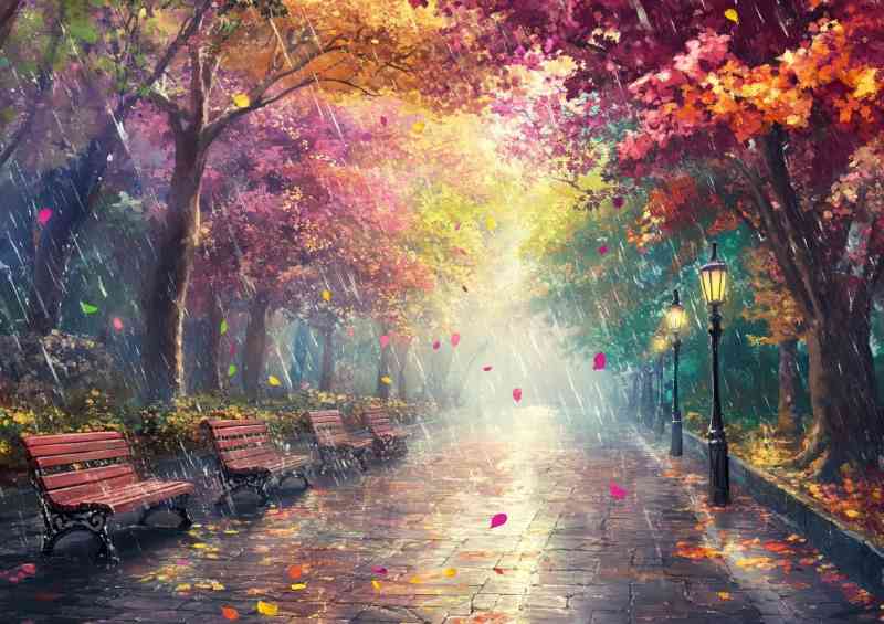 Colorful street with trees and leaves falling down the path