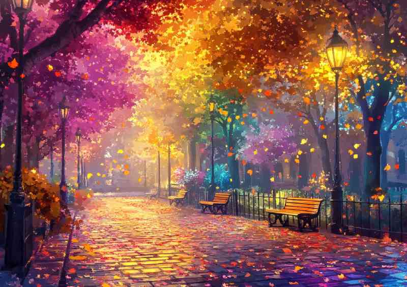 Colorful tree lined street with falling leaves