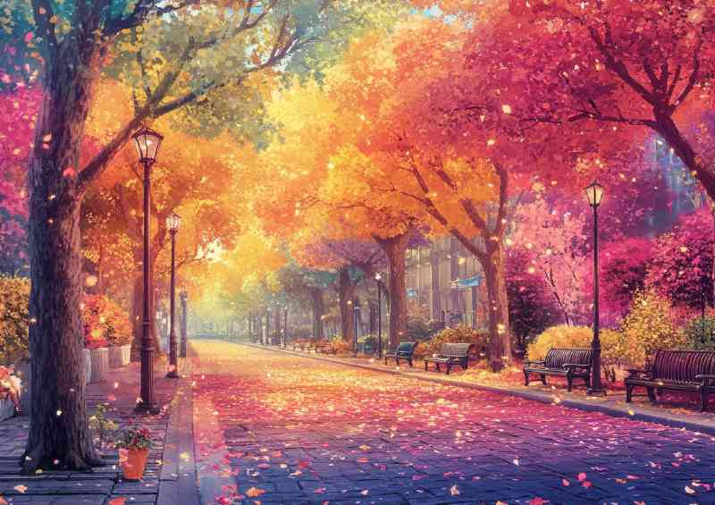 Colorful tree lined street with falling leaves brightly lit