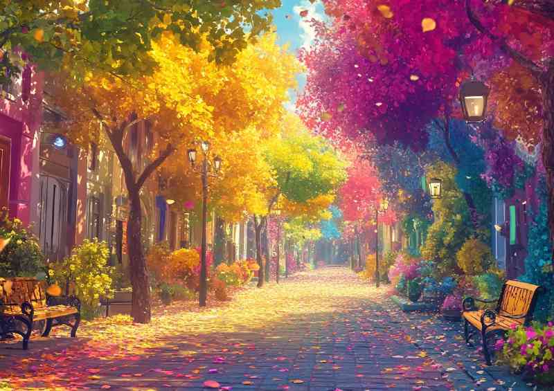 Colorful tree lined street with falling leaves at fall