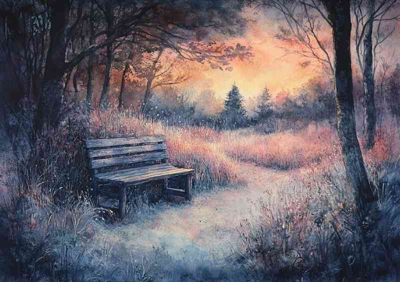 Dreamy landscape with an old wooden bench surrounded woodland
