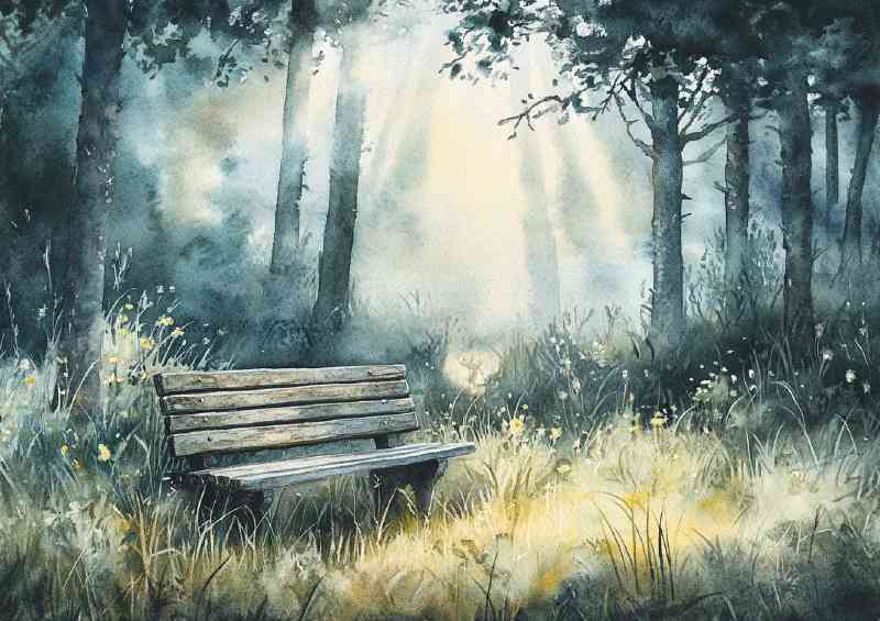 Dreamy watercolor illustration of an old wooden ben ch