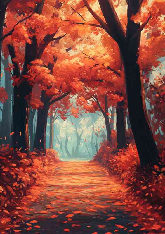 A forest path lined with red and orange leaves