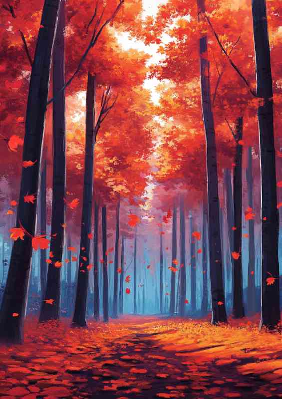 Autumn forest with red and orange leaves on the ground