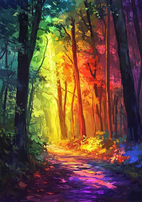 Colorful forest rainbow light shining through the leaves
