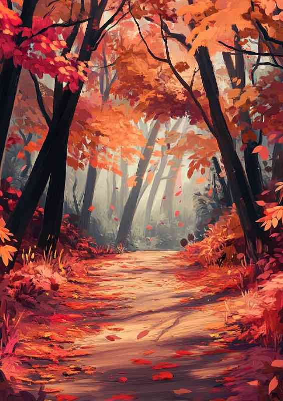 Forest path lined with red and orange leaves
