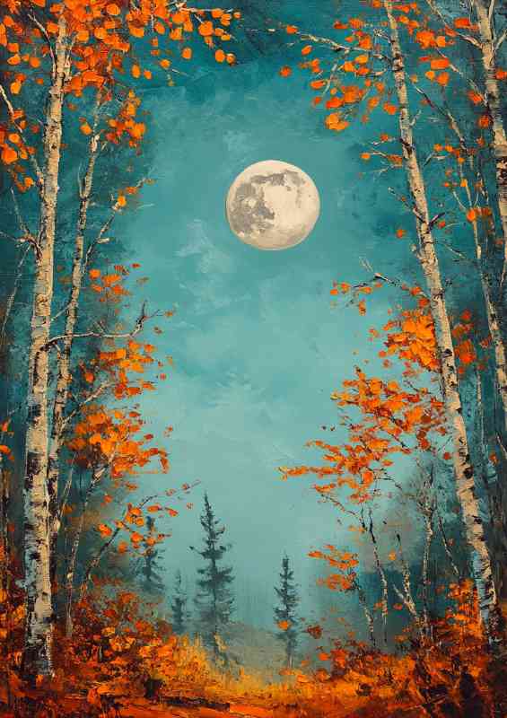Oil painting depicting trees and leaves in the moon