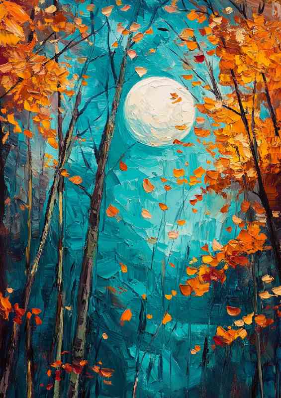 Oil painting depicting trees and leaves in the moon abstract
