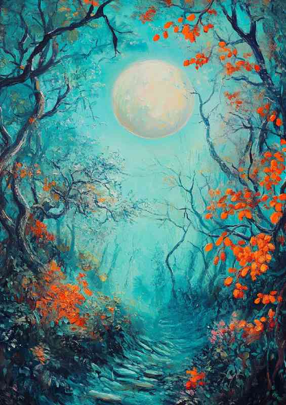 Oil painting of a turquoise and teal forest