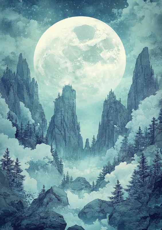 Anime style illustration of the moon hanging over mountains