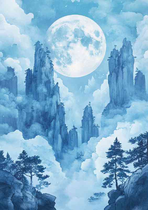 Anime style moon over the mountains