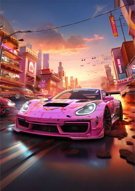 Pink Hot Porky Racing Car Sunset