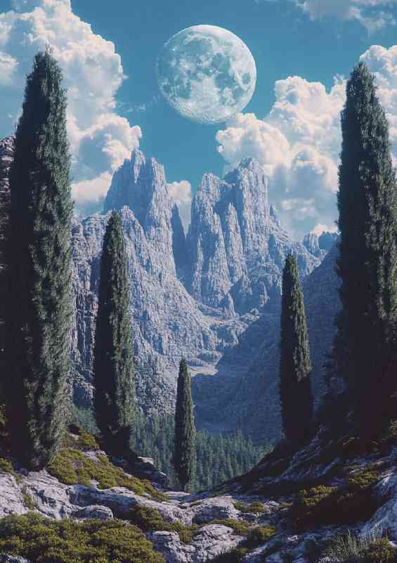 The moon is shining brightly the sky blue