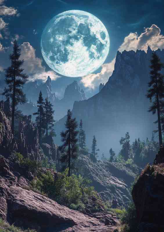 The moon is shining brightly the sky blue and full
