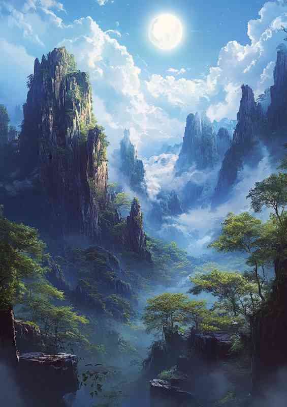 The moon is shining brightly the sky blue and full of mountains
