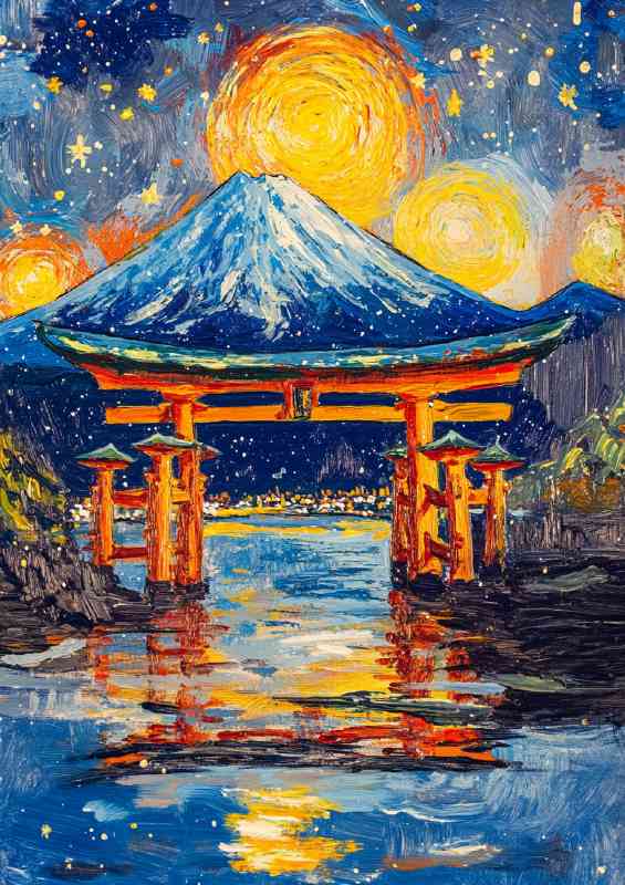 Van Gough style tori gate with mount fuji