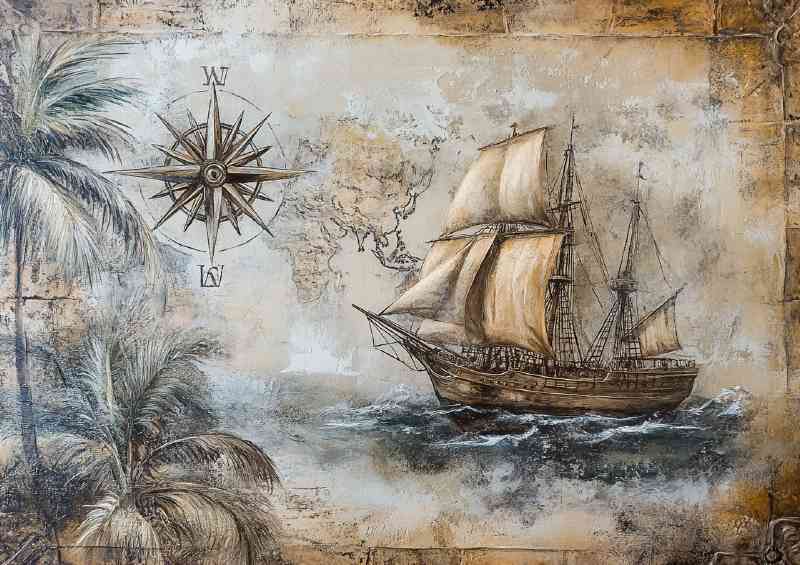 A vintage nautical scene with an old sailing ship