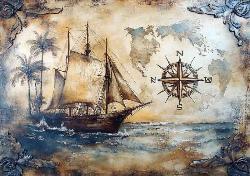 A vintage nautical scene with an old sailing ship with compas