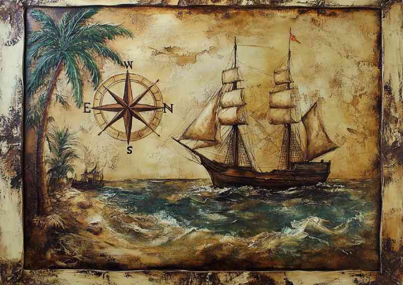 A vintage nautical scene with an old ship sailing in seas