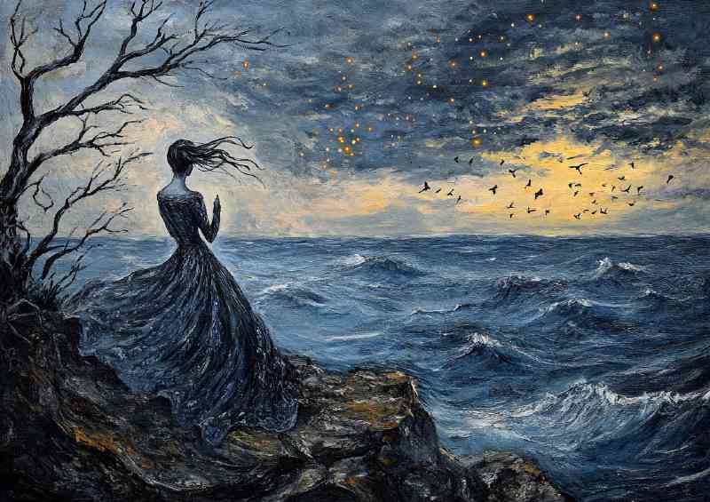 Woman in a long dress standing on a cliff