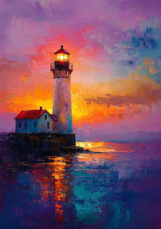 A lighthouse shines its light on the night sea a beautiful painting