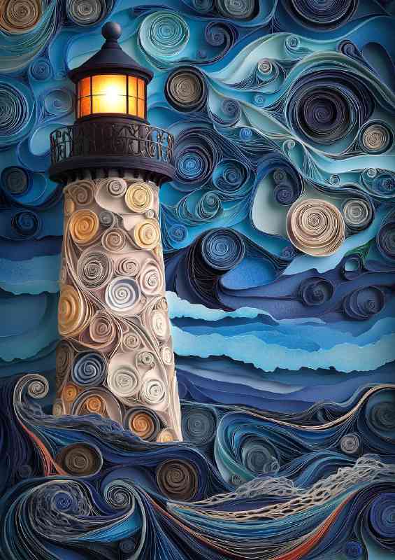 A lighthouse with intricate patterns on its side stands