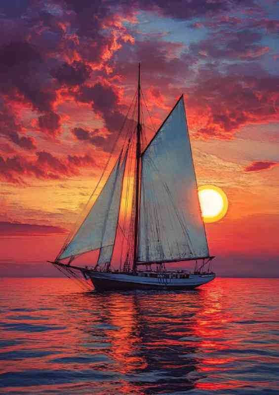 A sailboat with white sails sailing on the sea at sunset