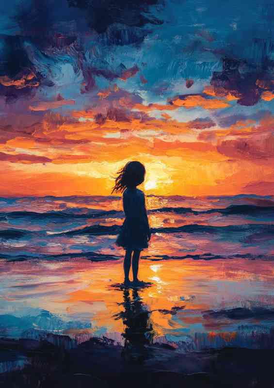 A silhouette of a little girl standing on the beach