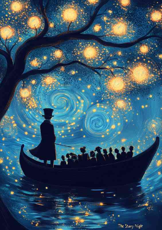 A whimsical and surreal illustration in the style of people on a boat