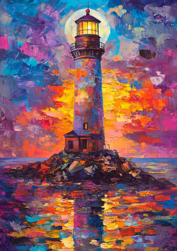 Abstract lighthouse oil painting with beautiful colors