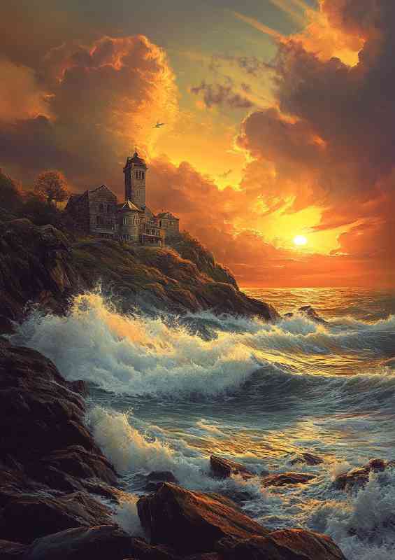 Coastal sunset over the cliffs of Guernsey with waves
