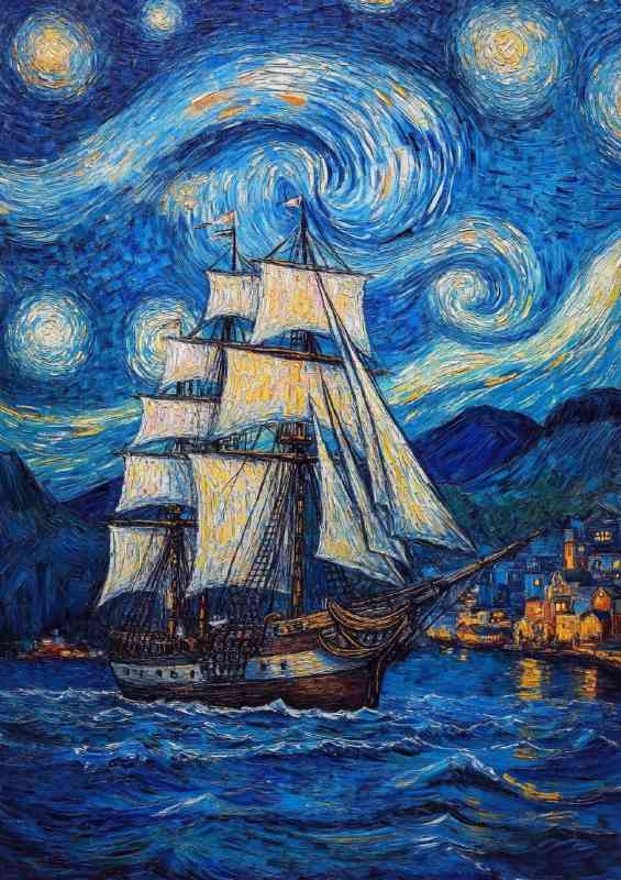 Large ship sailing on the sea in the style of Van gough