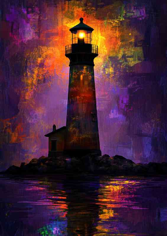 Lighthouse at night illuminated by the soft glow of yellow