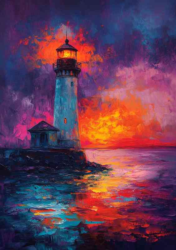 Lighthouse shines its light on the night sea a beautiful