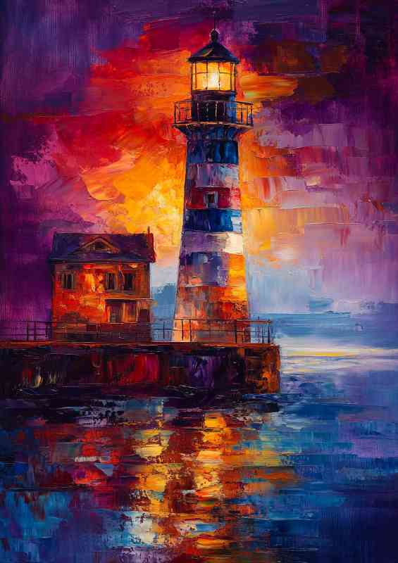 Lighthouse shines its light on the night sea colourful