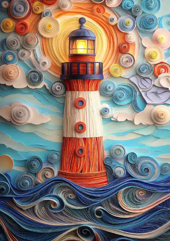 Paper quilling and kirigami create a stunning lighthouse colourful detail