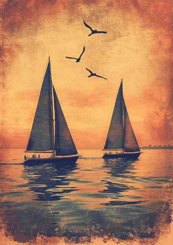 Sailboats on the water with birds flying overhead