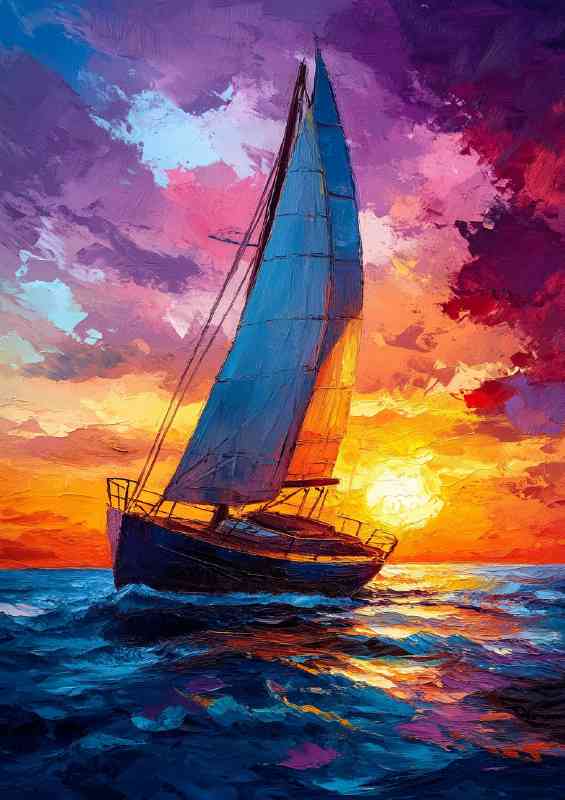 Sailing boat in the sea sunset sky oil painting