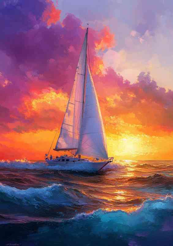 Sailing boat in the sea sunset sky oil painting crashing waves