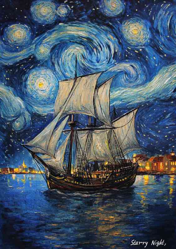 Ship with sails painted in the style of starry night