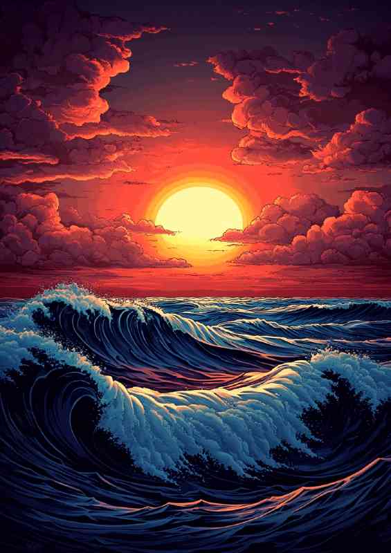 Sunset over the ocean with clouds and waves