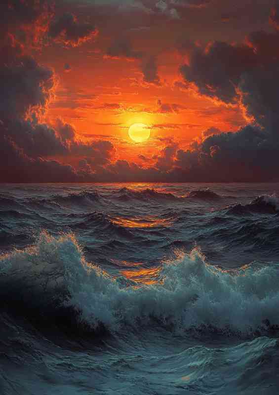 Sunset over the ocean with clouds and waves crashing