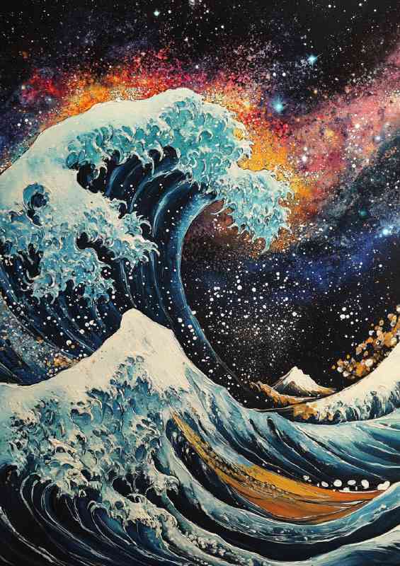 The Great Wave off Kanagawa but with cosmic night sky