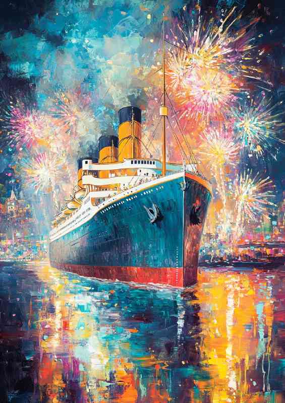 Vibrant painting of the Titanic sailing on its first voyage