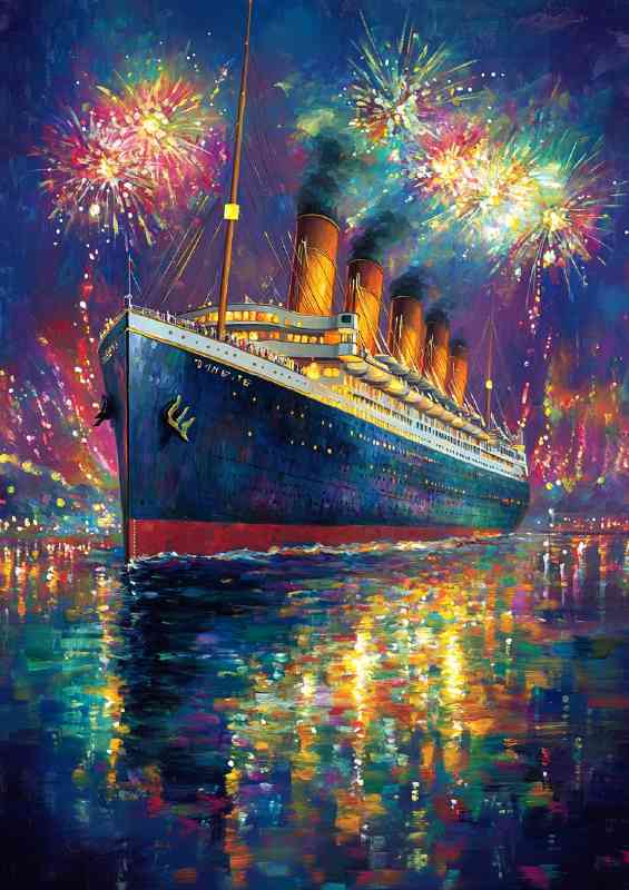 Vibrant painting of the Titanic setting sail