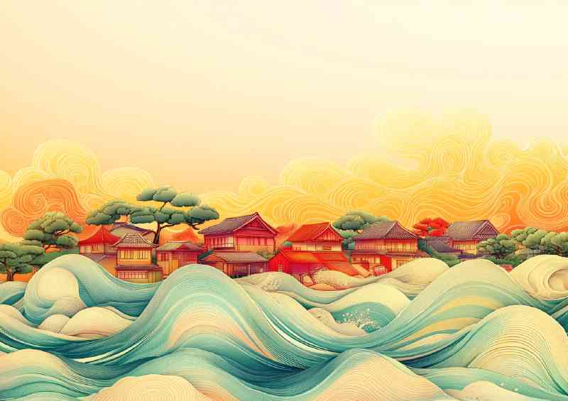 A colorful digital art piece depicting an abstract town